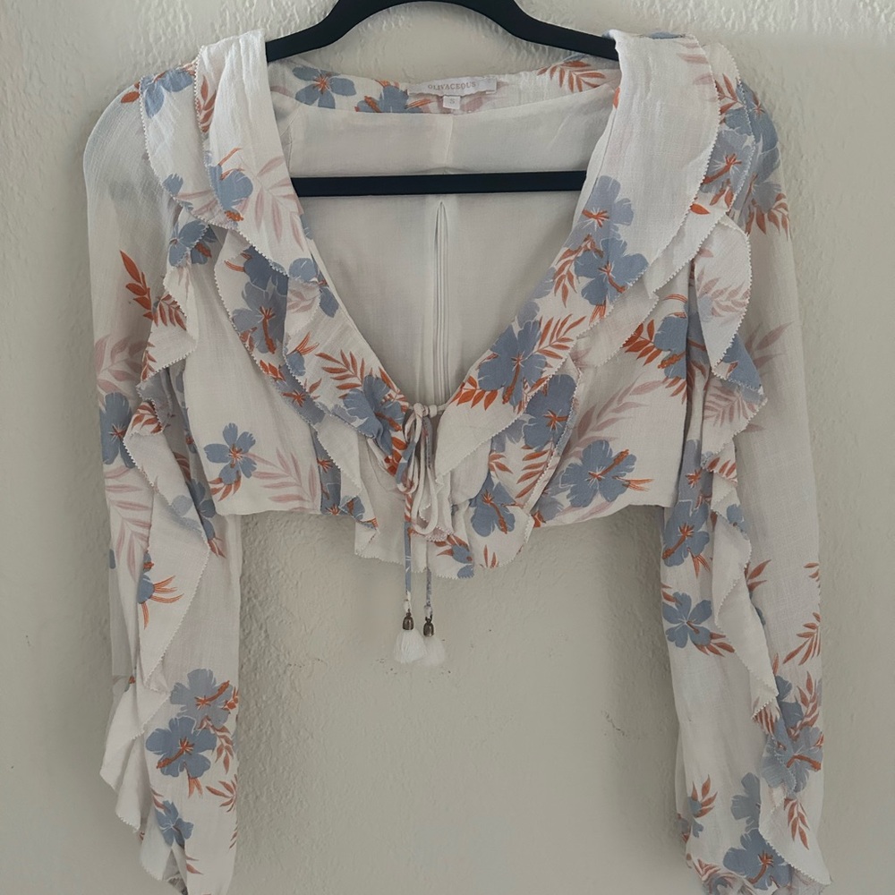 Floral Ruffle Crop Top - White and Blue